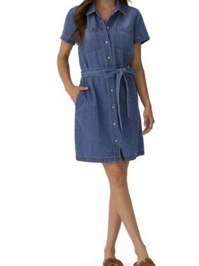 Frye Belted Denim Mini Dress - Short Sleeve Button Down size M